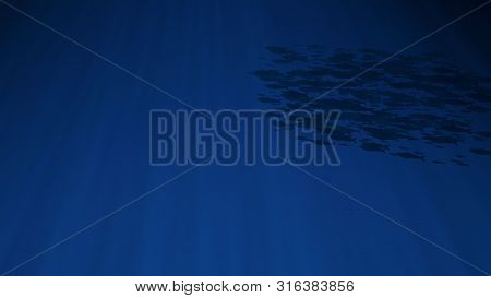 School Of Fish Swims Past Camera Light Rays Shining Through. Silhouettes. Great Popular Marine Backg