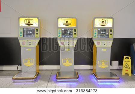 London England - May 31, 2019: Luggage Scale Gatwick Airport Terminal London England