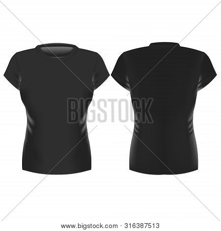 Realistic Black Womens Tshirt, Front And Back. Rasterized Copy Illustration