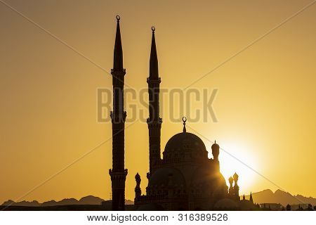 Silhouette Al-sahaba Mosque At Sunset Time In Sharm El Sheikh, Egypt. Architecture Of Al Sahaba, Al 