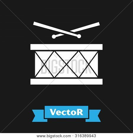 White Drum With Drum Sticks Icon Isolated On Black Background. Music Sign. Musical Instrument Symbol