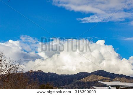 Cumulos, Nimbus, Clouds With Angeles Crest Mountains, Blue Sky, Sunlight,  Solar Panels