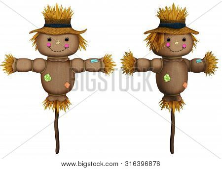Front And Perspective View Of Cute Scarecrow Illustrations On White