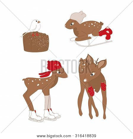 Set With A Cute Deer Family In Winter  Knitted  Clothes And A Bird On A Stump  On A White Background