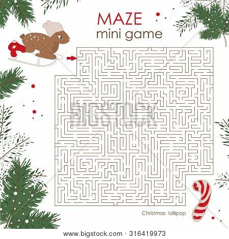 Labyrinth. Winter Maze Mini Game For Kids - Help The Little Deer On A Sled To Find A Lollipop