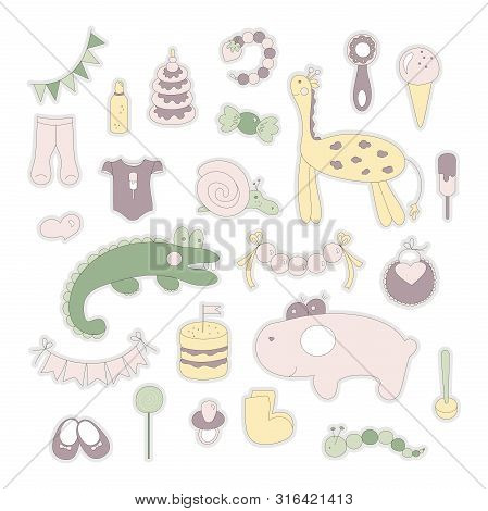 Set Of Delicate Pictures For Cards, Invitation, Albums For Kids. Hippopotamus, Crocodile, Giraffe, T