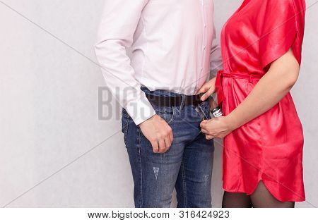 Girl Flattens Male Partner To His Fly The Concept Of Impotence And Male Sexual Health In Men, White 