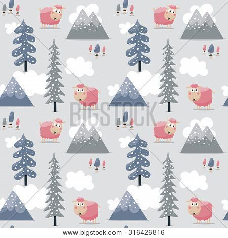 Seamless Cute Scandinavian Pattern Sheep Tree Mountains