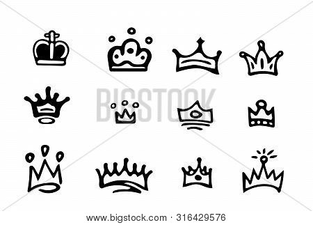 Crown Logo Graffiti Icon. Blackhand-drawn Crowns. Elements For Princesses Isolated On White Backgrou