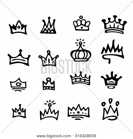 Crown Logo Graffiti Icon. Blackhand-drawn Crowns. Elements For Princesses Isolated On White Backgrou