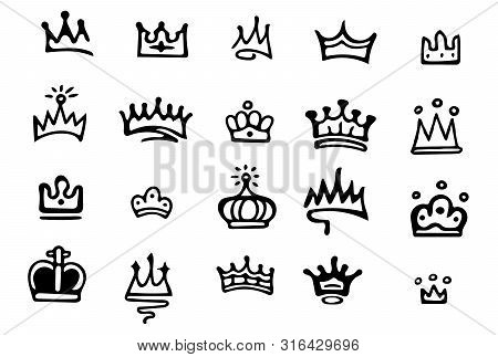 Crown Logo Graffiti Icon. Blackhand-drawn Crowns. Elements For Princesses Isolated On White Backgrou