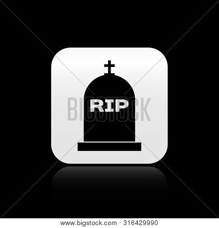 Black Tombstone With Rip Written On It Icon Isolated On Black Background. Grave Icon. Silver Square 