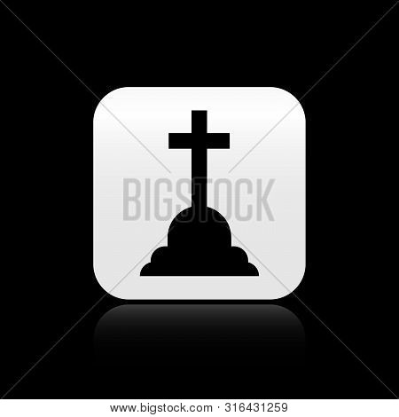 Black Tombstone With Cross Icon Isolated On Black Background. Grave Icon. Silver Square Button. Vect