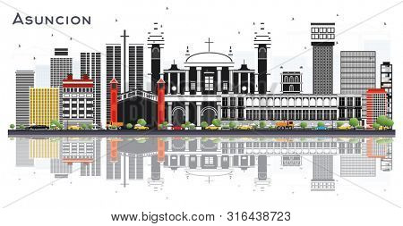 Asuncion Paraguay City Skyline with Color Buildings and Reflections Isolated on White. Travel and Tourism Concept with Modern Architecture. Asuncion Cityscape with Landmarks.