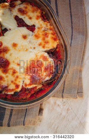 Eggplant Alla Parmigiana Melanzane Close Up In Baking Dish. Horizontal. Delicious Eggplant Alla Parm