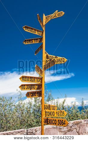 Waypoint sign in village at Taquile Island. Peru. South America.