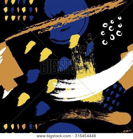 Black Brush Stokes Seamless Pattern Vector Background. Abstract Ornament.