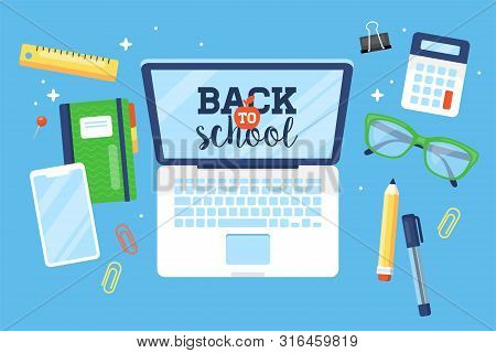 Back To School Concept With Laptop Computer And School Supplies.