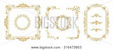 Decorative Frame Elements. Vintage Floral Ornamental Borders And Dividers For Greeting And Invitatio