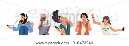 People With Headphones. Yong Boys And Girls Listen To Music And Enjoy Sound. Vector Illustration Han
