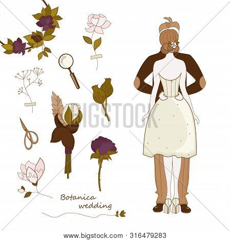 Wedding In The Style Of Botanica.  Vector Set With Hand Drawn Doodles On The Theme Of Wedding.  Sket
