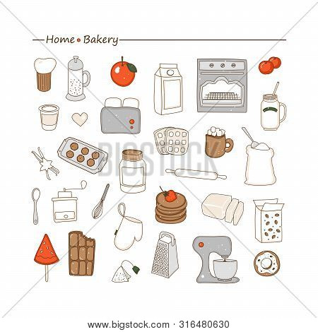 Home Bakery. Vector Set With Hand Drawn Doodles On The  Theme Of Kitchen. Sketches For Use Of Design