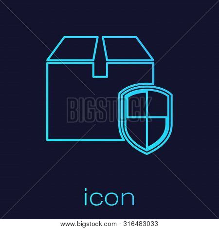 Turquoise Line Delivery Pack Security Symbol With Shield Icon Isolated On Blue Background. Delivery 