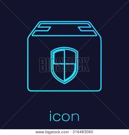 Turquoise Line Delivery Pack Security Symbol With Shield Icon Isolated On Blue Background. Delivery 