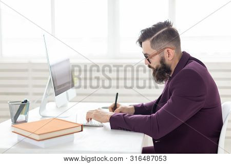 Illustrator, Design And Style Concept - Graphic Designer Sketching New Project On Tablet Working On 