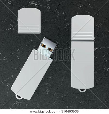 3d Render Illustration Of A Flashdrive Mockup On Black Marble Background. Top View.
