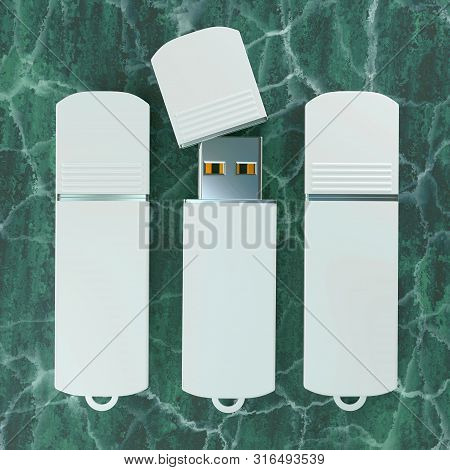 3d Render Illustration Of A Flashdrive Mockup On Green Marble Background. Top View.