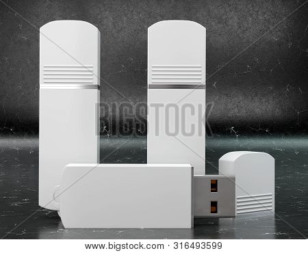 3d Render Illustration Of A Flashdrive Mockup On Black Marble Background. Front View.