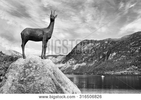 BOHINJ LAKE, SLOVENIA - JULY 28, 2019: Bronze statue of the legendary deer Zlatorog (The Golden Horn)