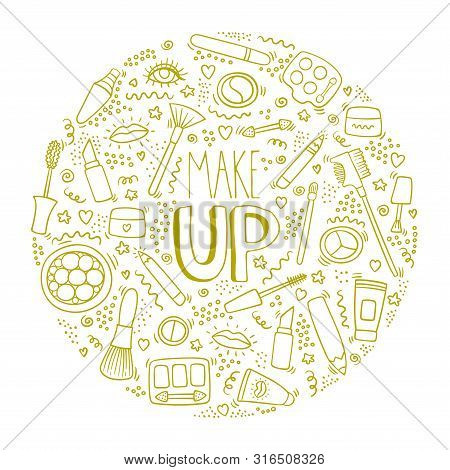 Make Up Doodle Logo In Circle With Lipstick, Cream, Mascara, Powder, Shades, Brush, Handwritten Lett