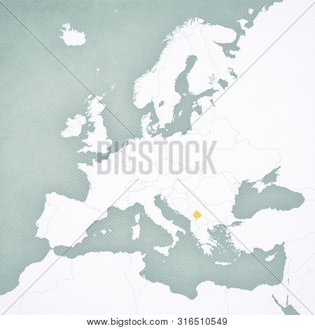 Kosovo On The Map Of Europe With Softly Striped Vintage Background.