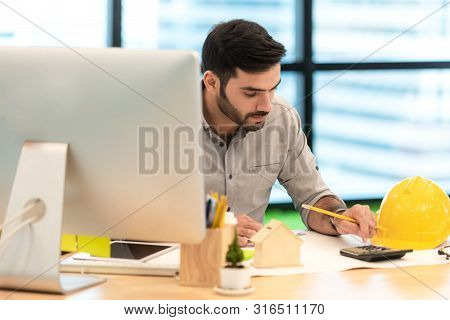 Architect Working On Blueprint. Architects Workplace. Engineer Tools And Safety Control, Blueprints,
