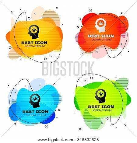 Black Silhouette Of Male Head In Profile With Marijuana Or Cannabis Leaf Icon On White Background. M
