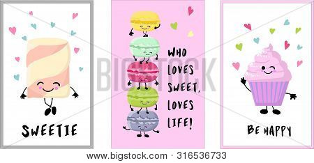 Sweet Bakery Card Set. Vector Illustration. .cards For Kendibar. Cartoon Image With Big Eyes. Comic 
