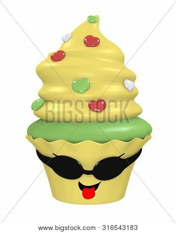3d Lemons Cupcake With Dark Glasses That Sticks Out Tongue. 3d Render