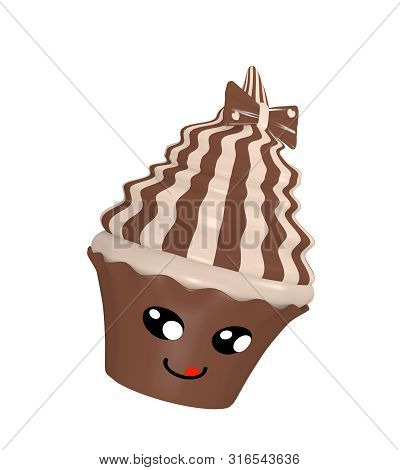 Cute Cupcake With Chocolate Cream Hood, Bow And Laughing Face In Kawaii Style. 3d Render