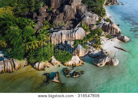 Aerial Photo Of Seychelles Tropical Beach Anse Source Dargent In Evening Light At La Digue Island, H