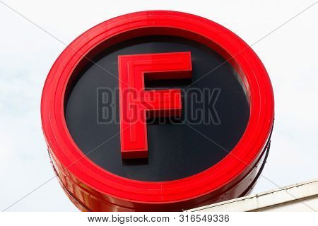 Karlstad, Sweden - August 7, 2019: Close Up View Of The Cinema Filmstaden Rotating Circle Shaped Sig