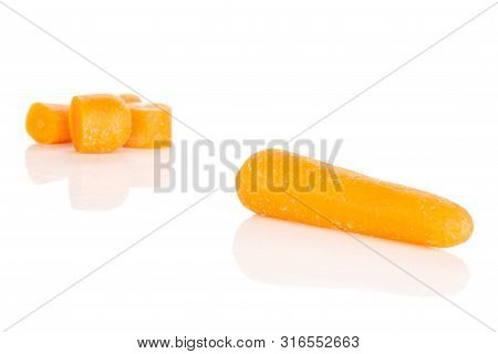 Group Of One Whole Four Quarters Of Stale  Orange Stale Baby Carrot Baby Isolated On White Backgroun