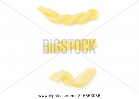 Group Of Three Whole Raw Pasta Gemelli Flatlay Isolated On White Background