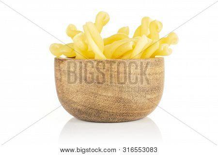 Lot Of Whole Raw Pasta Gemelli In Wooden Bowl Isolated On White Background