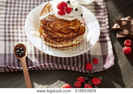 Image Of Delicious Breackfast For Family, Pancackes With Sour Cream And Fresh Berries, Muffins Decor