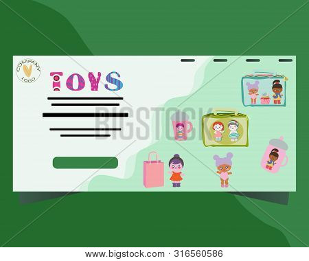 Landing Page For Kids Toys With Dolls And Toys. Design Tempalte For Banner, Poster, Web.