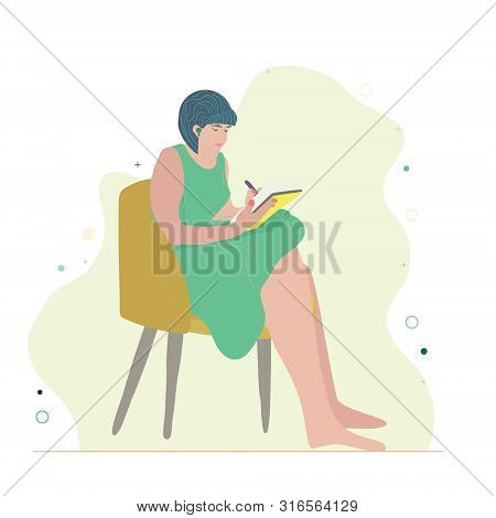 People And Gadgets Concept. Girl In Green Dress Sitting And Drawing On Paper Or Tablet. Wearing Wirl