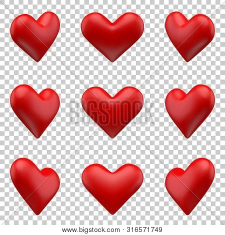 Vector Illustration, Red Hearts 9 Differrent Rotation Set 2 Mesh Objects Isolated On Tranparent Back