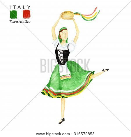 Green National Costume Dancing An Italian Tarantella With A Tambourine On White Background. Woman Da
